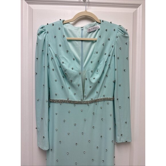 MAC DUGGAL Size 2 Mint BELTED JEWEL ENCRUSTED PLUNGE NECK LONG SLEEVE GOWN New - Picture 5 of 11